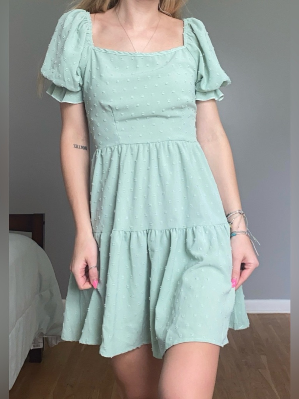 SHEIN Mint Green Square Neck Puff Sleeve Mini Dress